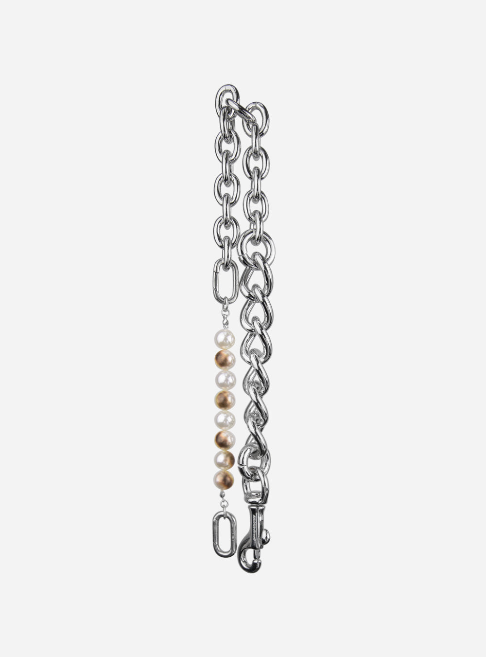 a MIDNIGHTFACTORY silver chain with Burnt pearls on it.