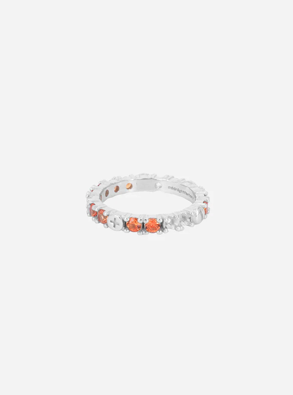 A MIDNIGHTFACTORY white gold Broken eternity ring with sapphire and orange and white diamonds.