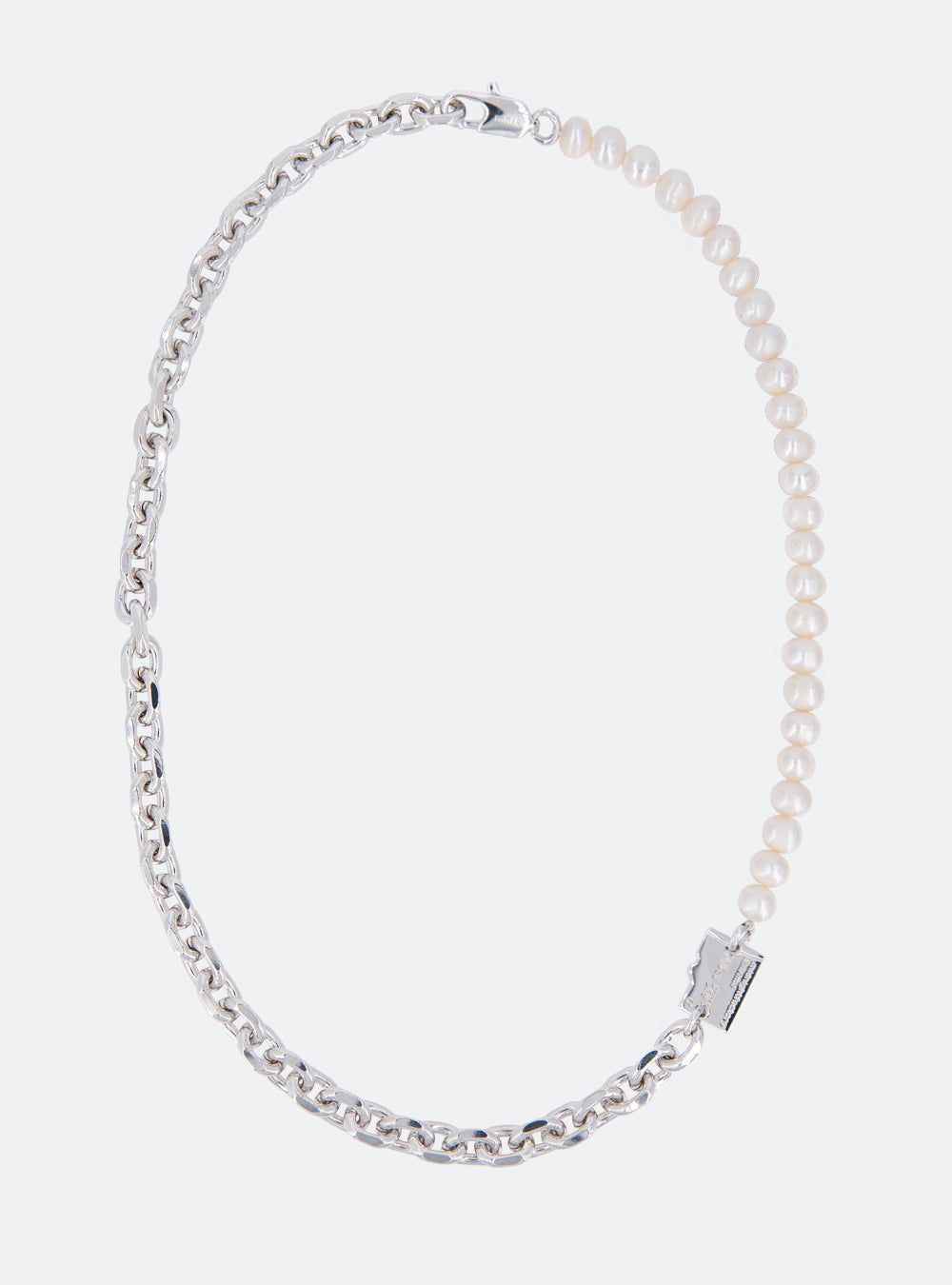 A Micro-SD white freshwater pearls necklace with an adjustable length chain on a white background, pre-order from MIDNIGHTFACTORY.