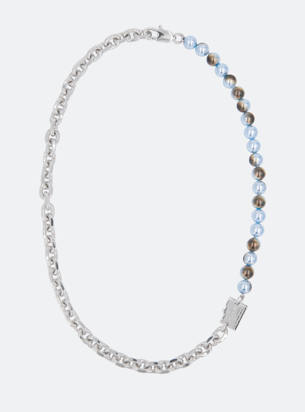 A Micro-SD sky-blue burnt pearls necklace with an adjustable length chain by MIDNIGHTFACTORY.