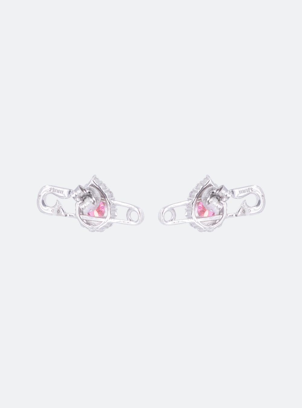 A pair of MIDNIGHTFACTORY Cocktail safety-pin earrings with pink stones on a white background.