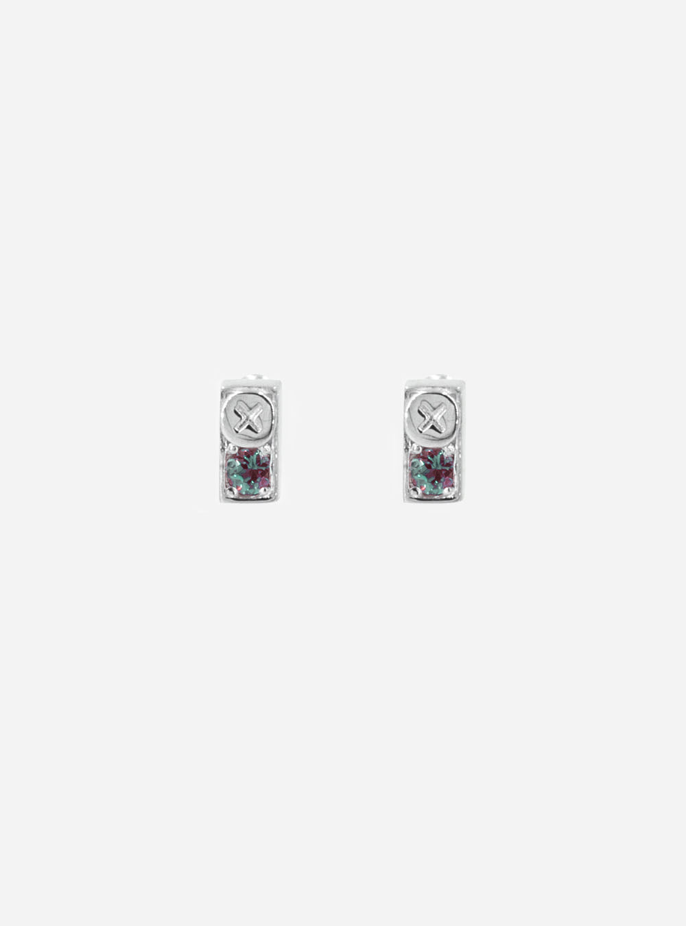 A pair of MIDNIGHTFACTORY Screwbox colour-changing alexandrite earrings on a white background.