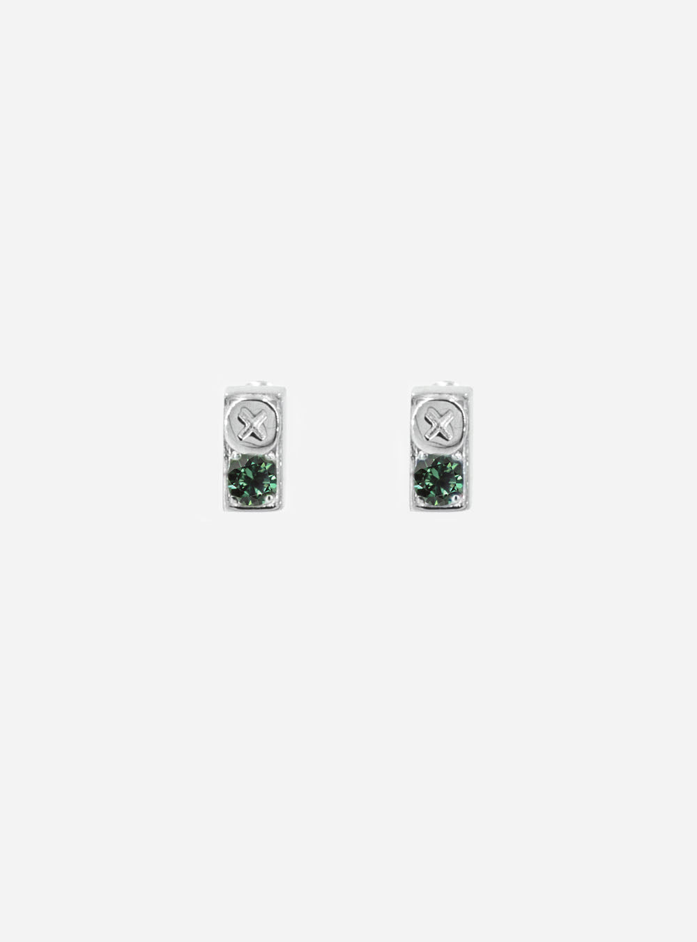 a pair of MIDNIGHTFACTORY Screwbox spinel earrings with green stones.