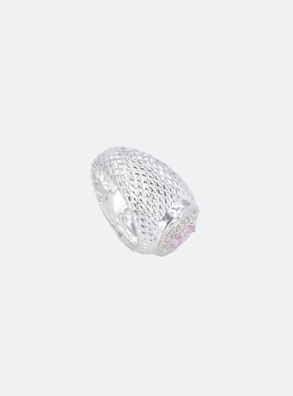 A MIDNIGHTFACTORY cat-eye cutout cocktail signet ring with pink stones on a white background.