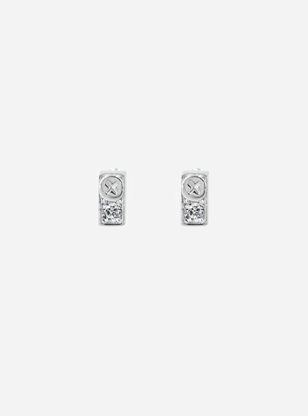 a pair of MIDNIGHTFACTORY Screwbox earrings on a white background.