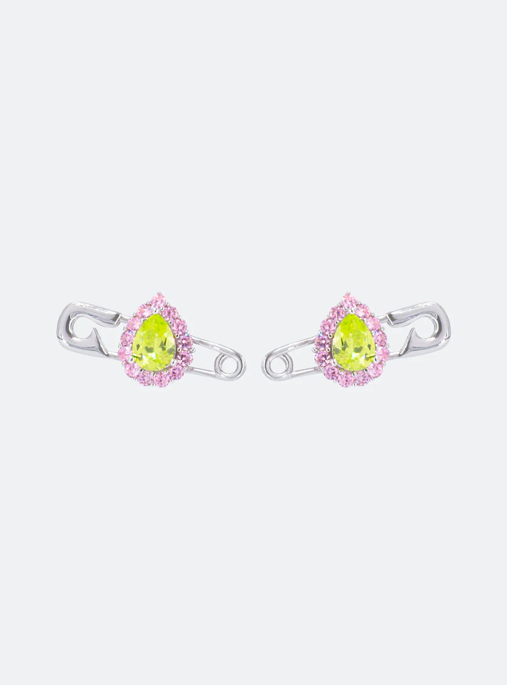 A pair of MIDNIGHTFACTORY Cocktail safety-pin earrings with pink and yellow stones.
