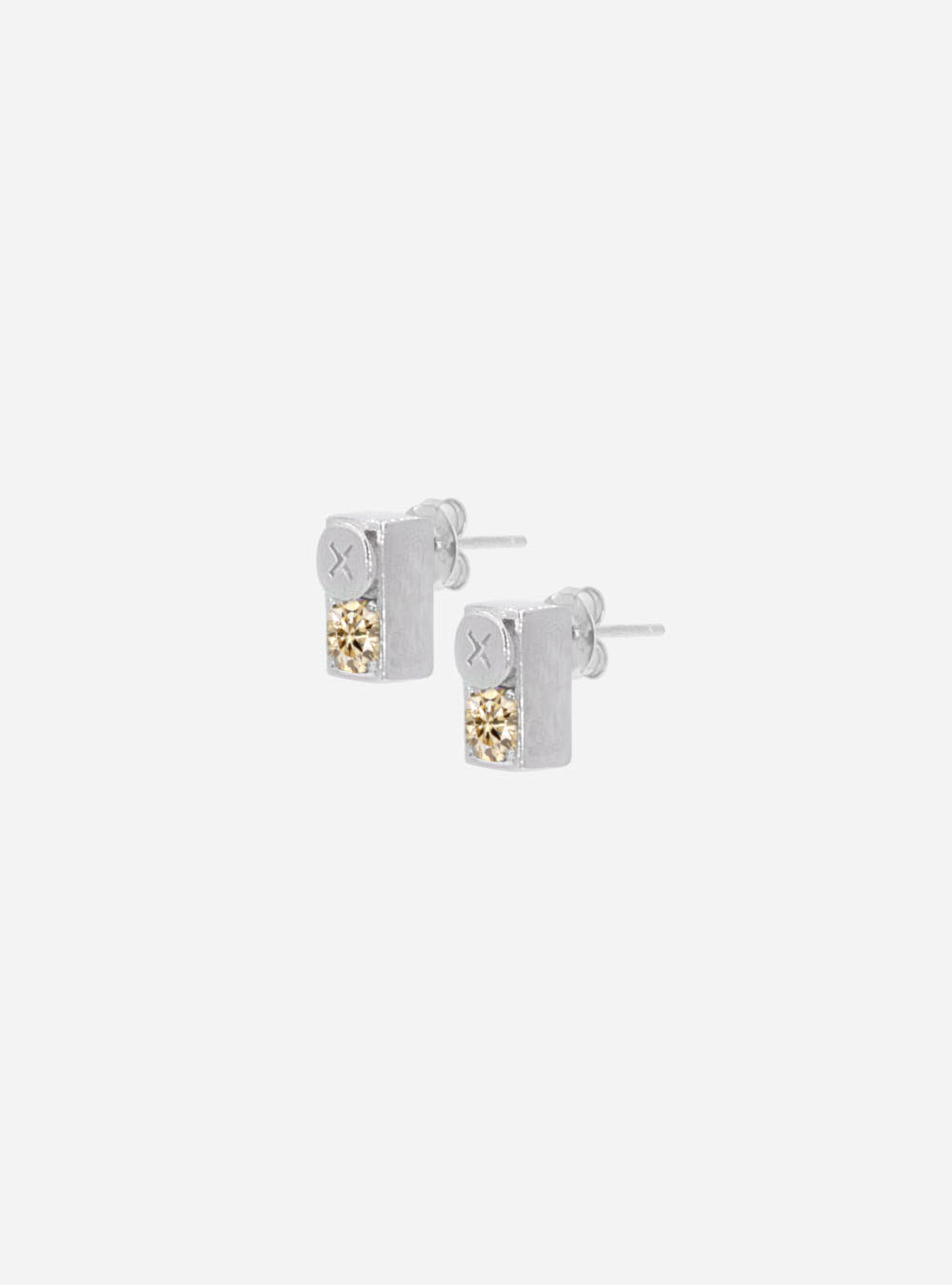 A pair of MIDNIGHTFACTORY silver and gold Screwbox earrings on a white background.