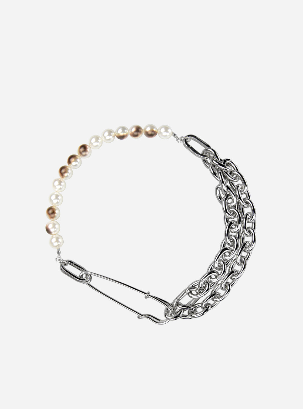 a silver chain bracelet with Burnt pearls with safety-pin multi-ways necklace and Burnt pearls with safety-pin multi-ways necklace. (Brand: MIDNIGHTFACTORY)