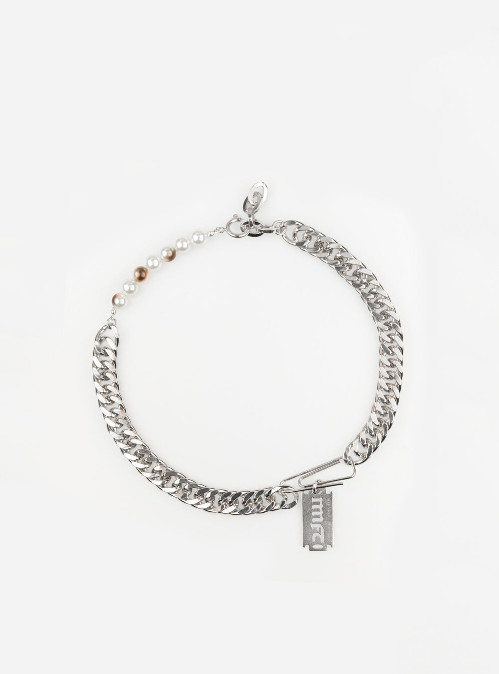 A Burnt pearls with MNFT blade chain necklace by MIDNIGHTFACTORY.