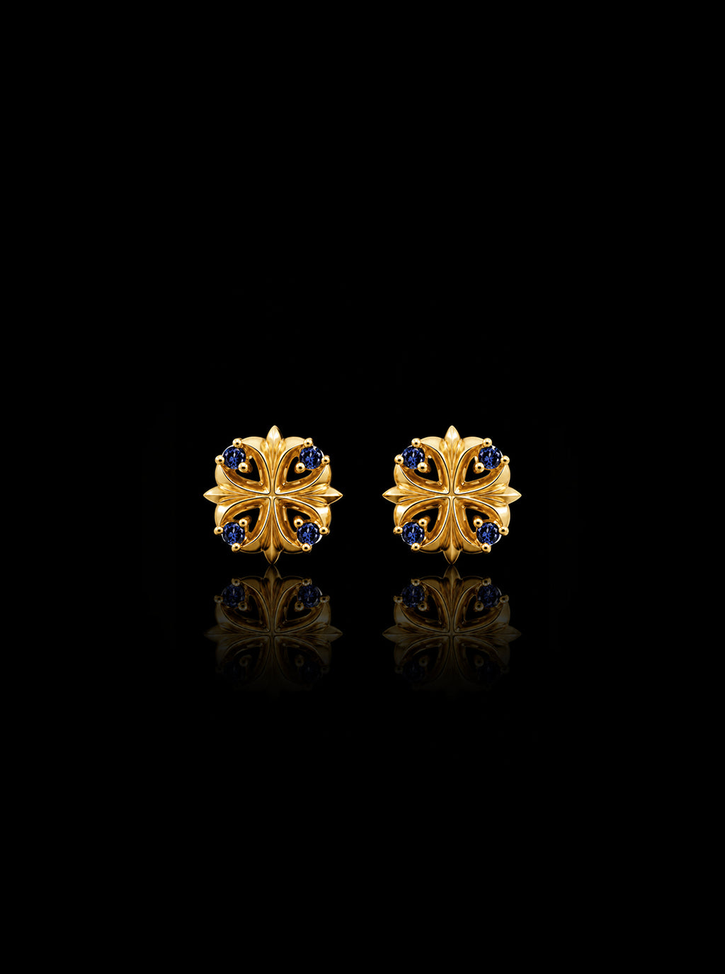 Clover-cross quadruplets 18K gold earrings, Sapphire [Made-to-order]