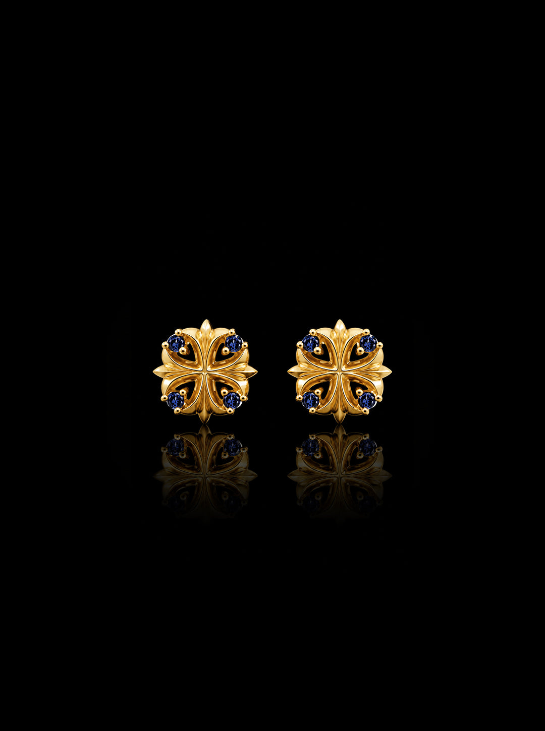 Clover-cross quadruplets 18K gold earrings, Sapphire [Made-to-order]