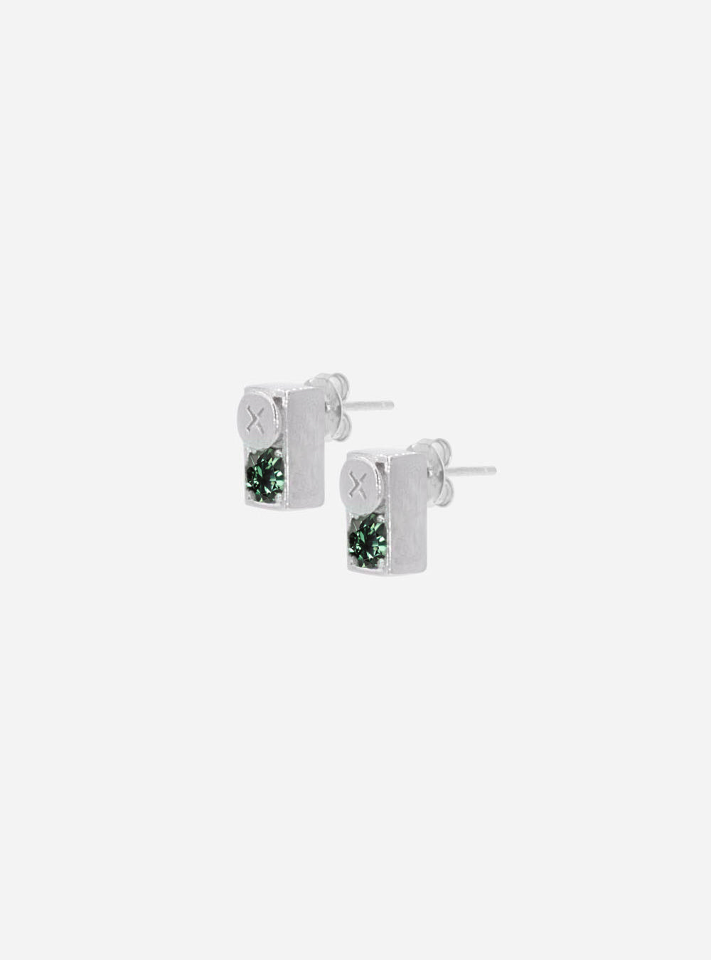 a pair of MIDNIGHTFACTORY Screwbox spinel earrings with green stones.