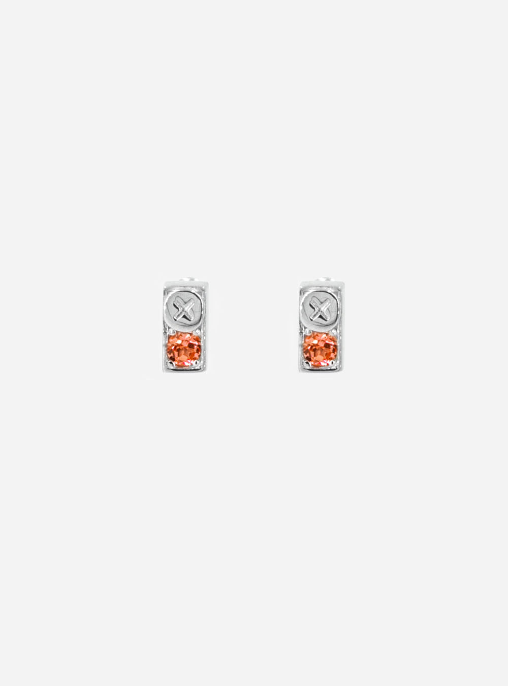 A pair of MIDNIGHTFACTORY Screwbox sapphire earrings with orange stones.