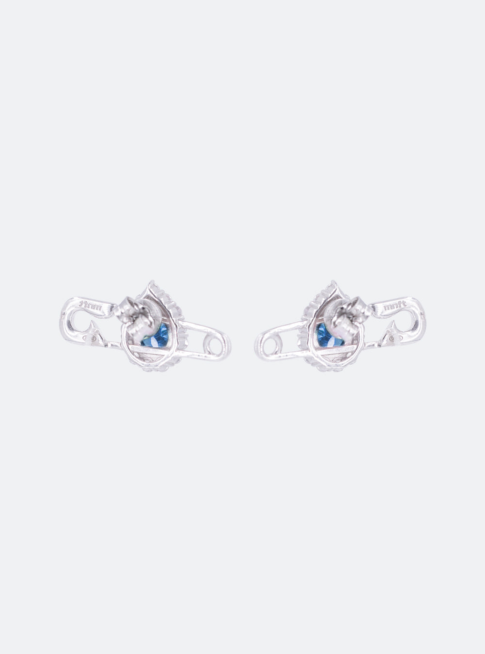A pair of MIDNIGHTFACTORY Cocktail safety-pin earrings with blue stones.