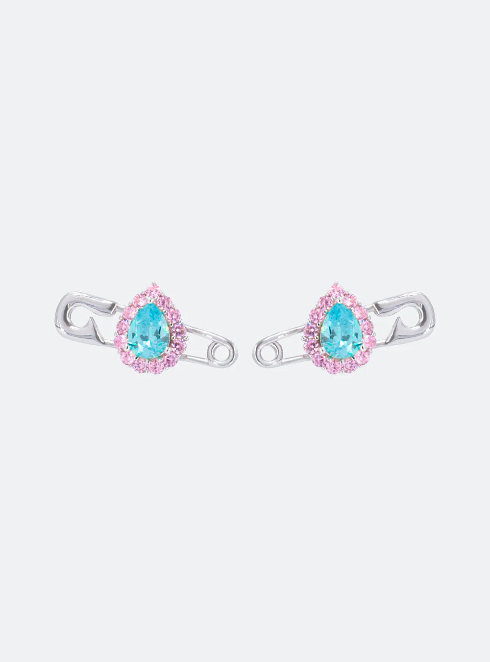 A pair of Cocktail safety-pin earrings with blue and pink stones from MIDNIGHTFACTORY.