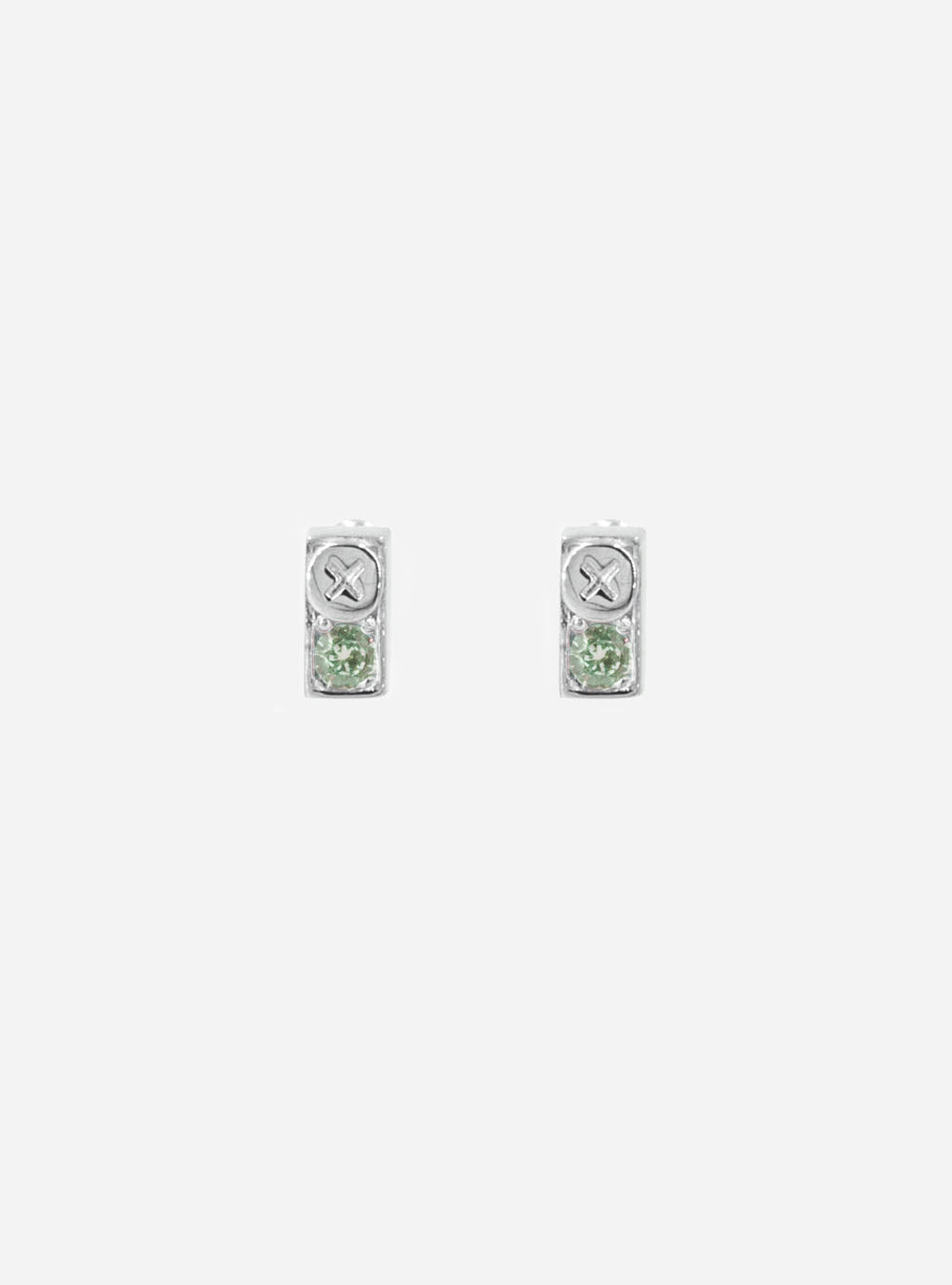a pair of MIDNIGHTFACTORY Screwbox colour-changing earrings with green stones.