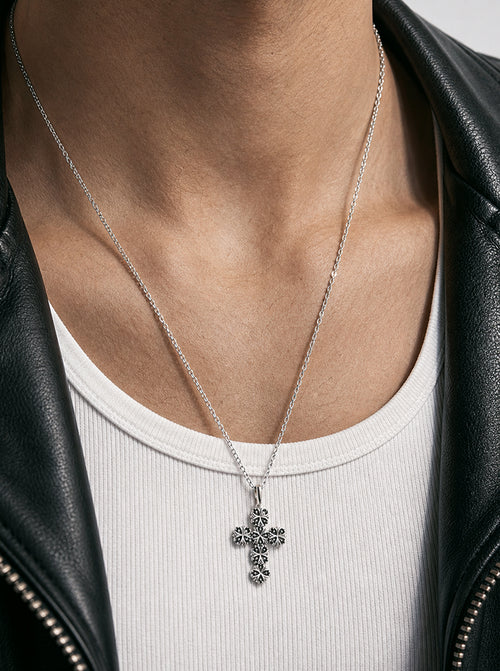 Clover-cross  quadruplets cross oxdised pendant necklace