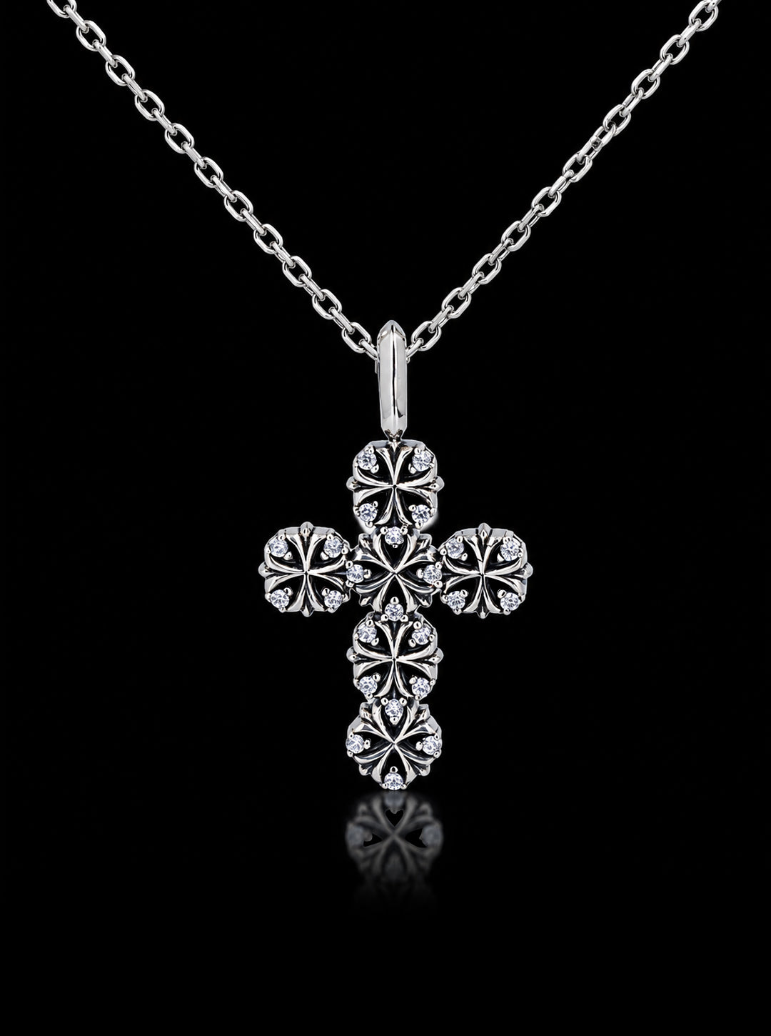 Clover-cross  quadruplets cross oxdised pendant necklace