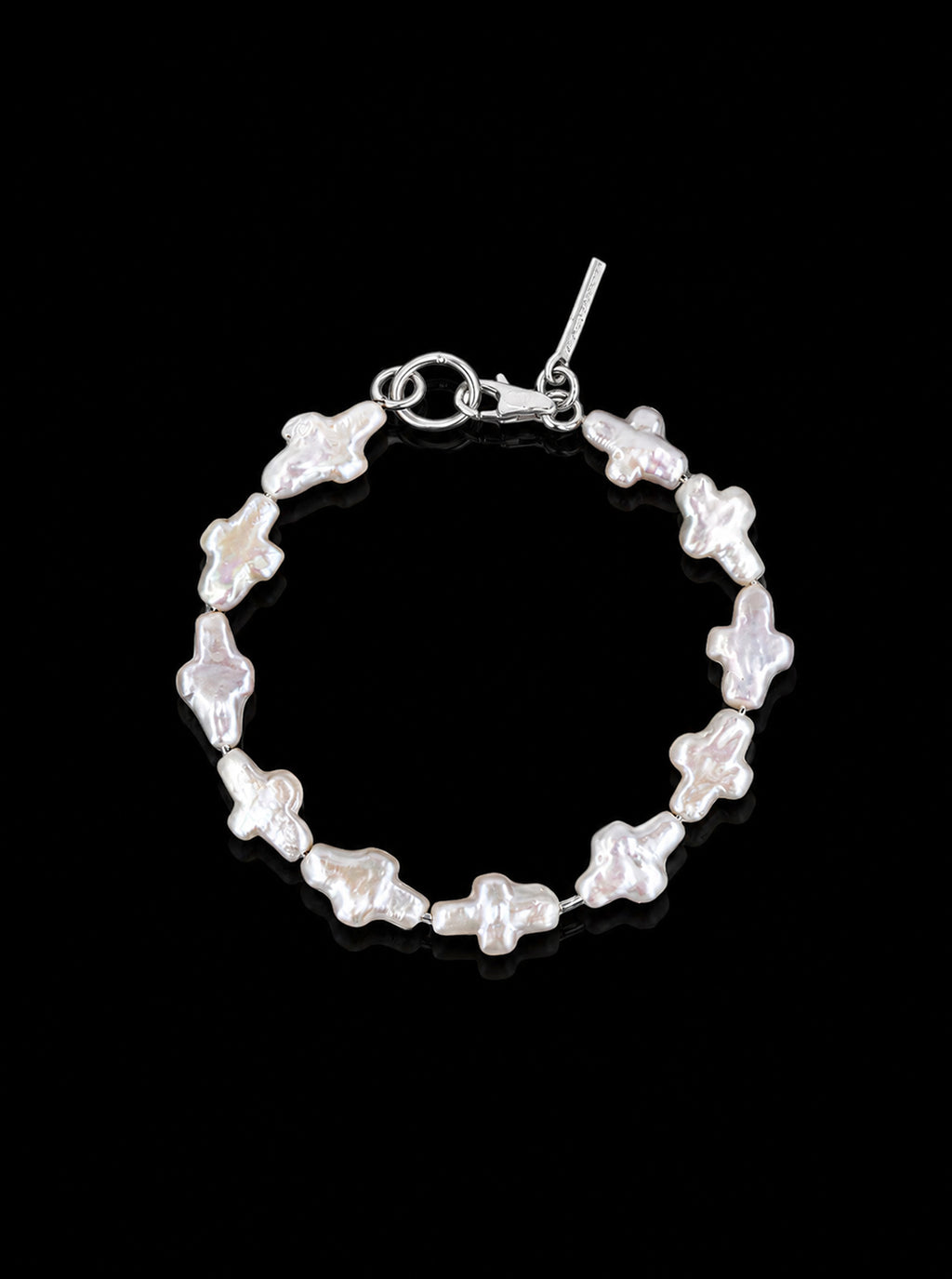 Cross freshwater pearls silver chain bracelet