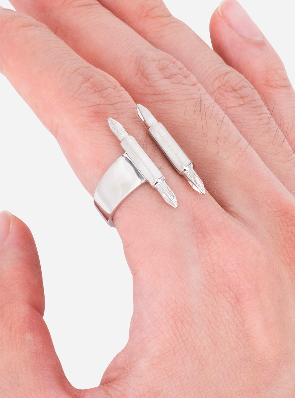 A man's hand with a MIDNIGHTFACTORY Dual-driverbits ring on it.